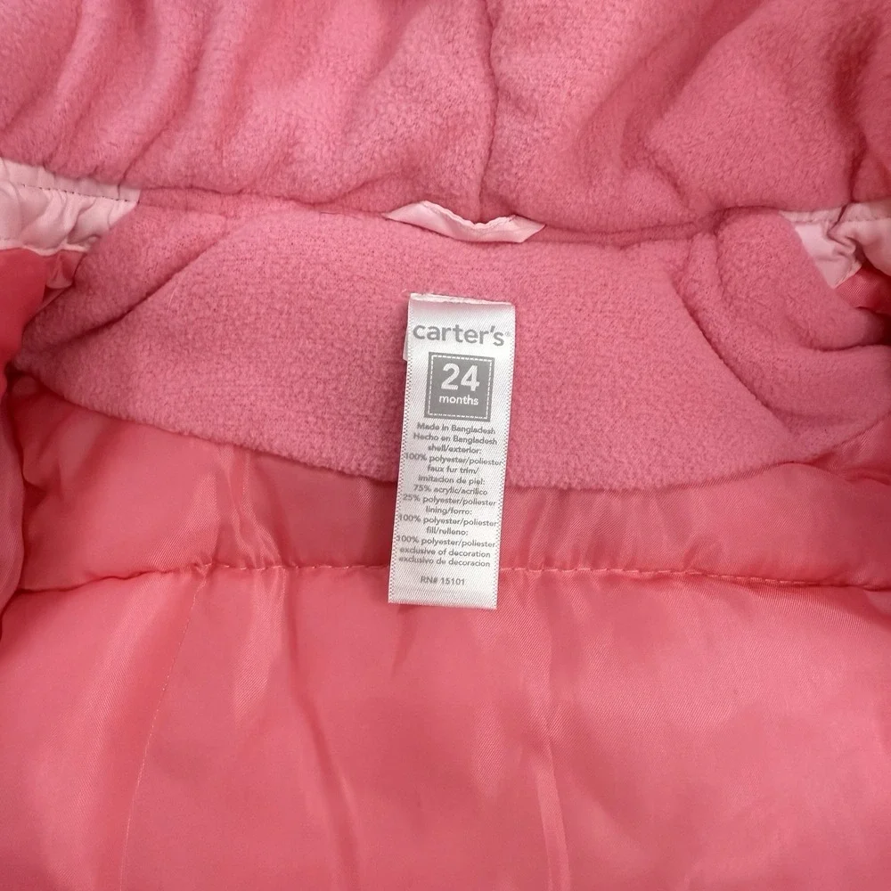 Carters Baby Girls 24M Pink Puffer‎ Jacket Coat  Embroidered Flowers Fur Hood